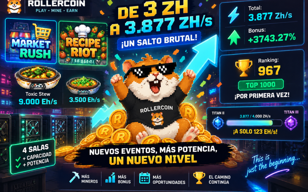 RollerCoin: subo hasta 3.877 ZH/s y entro por primera vez al Top 1000 tras Market Rush y Recipe Riot
